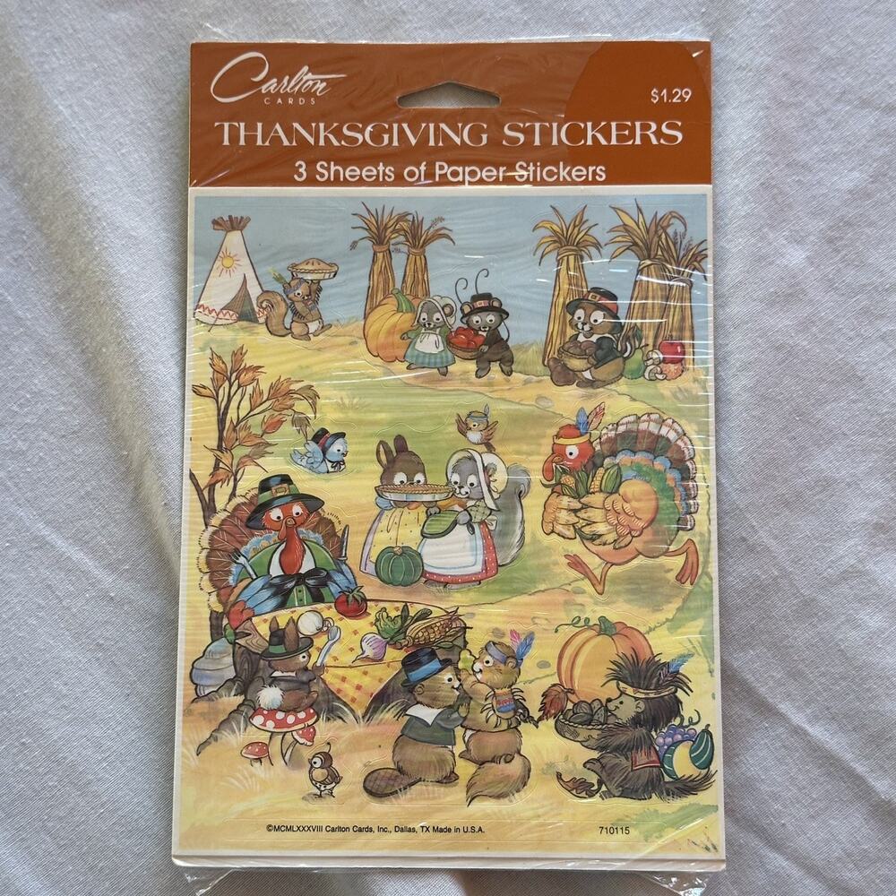 Vintage 80s USA Made Carlton Cards Stickers Harvest Thanksgiving Animals NOS